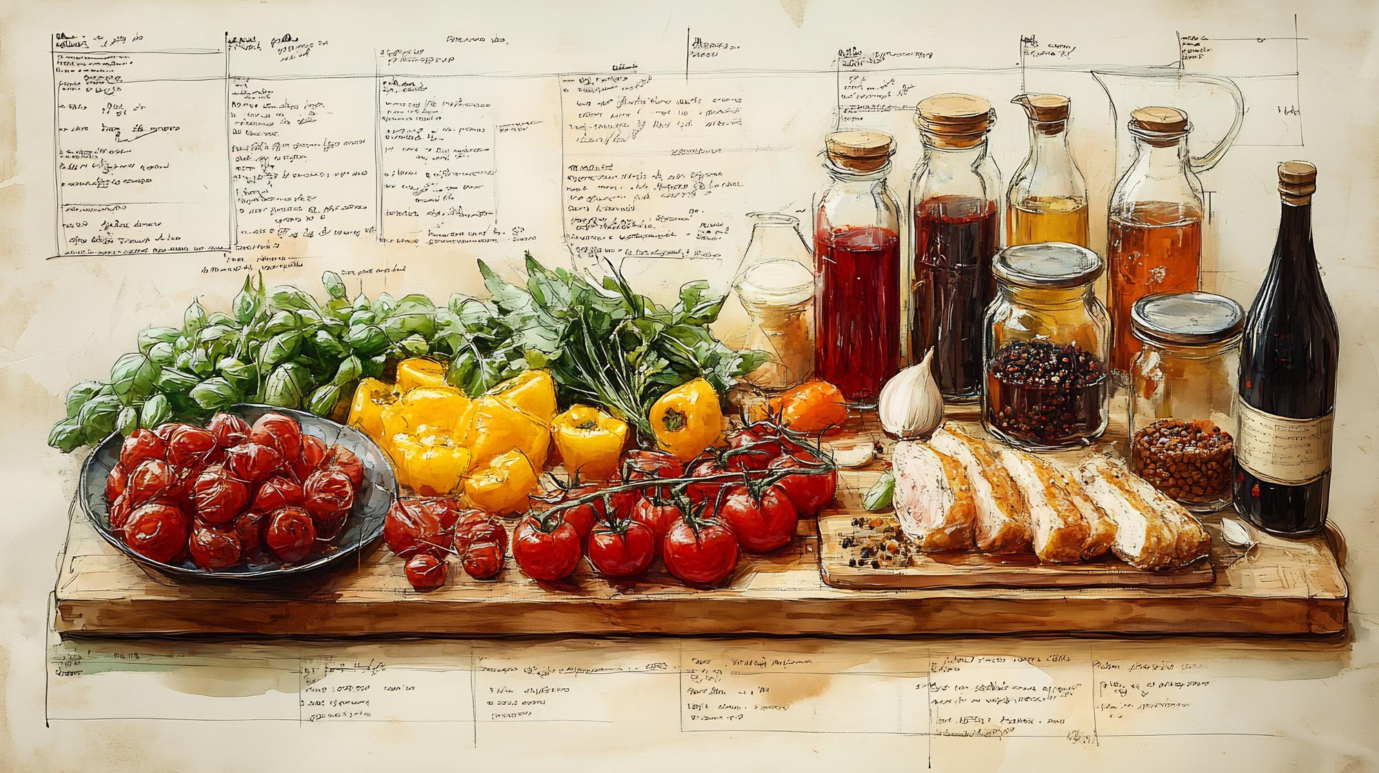 Sample concept board with sketches and ingredients